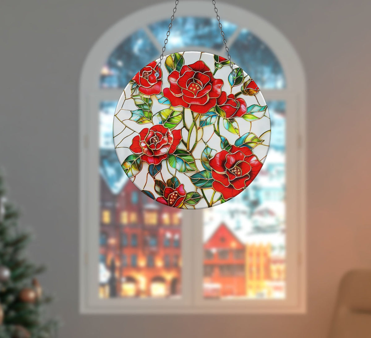 Red Roses Stained  Faux Stained Glass Suncatcher Window Hanging Home Decor Sun Catcher Gift Idea