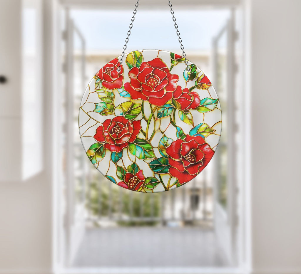 Red Roses Stained  Faux Stained Glass Suncatcher Window Hanging Home Decor Sun Catcher Gift Idea