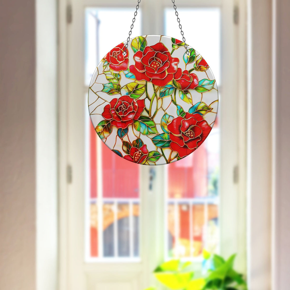 Red Roses Stained  Faux Stained Glass Suncatcher Window Hanging Home Decor Sun Catcher Gift Idea