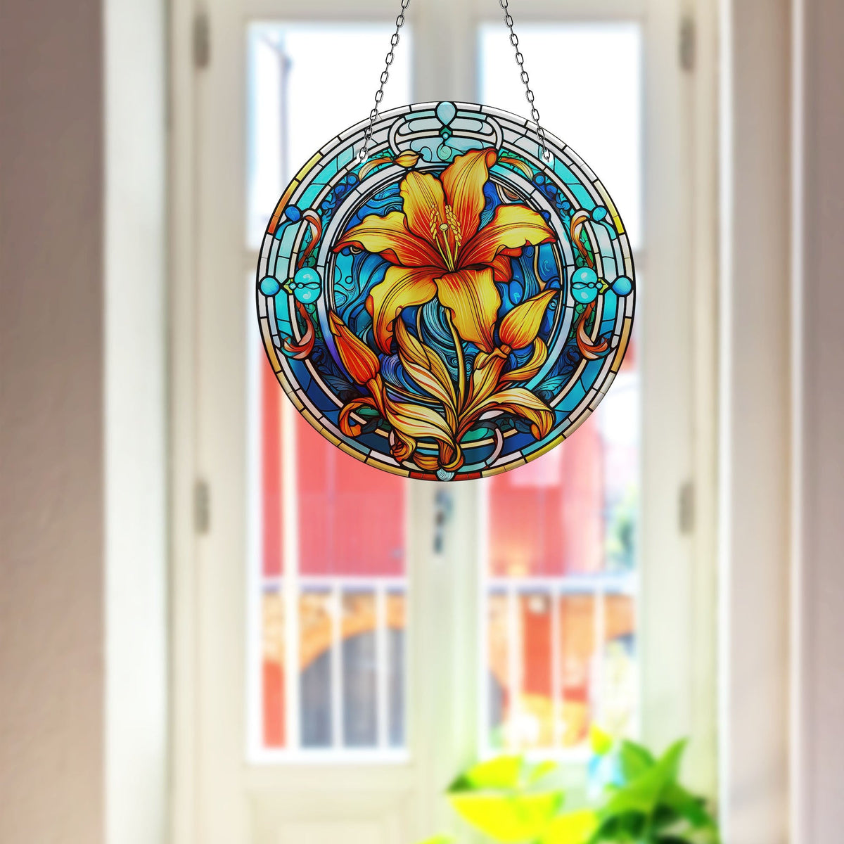Orange Stained Flower Faux Stained Glass Suncatcher Window Hanging Home Decor Sun Catcher Gift Idea