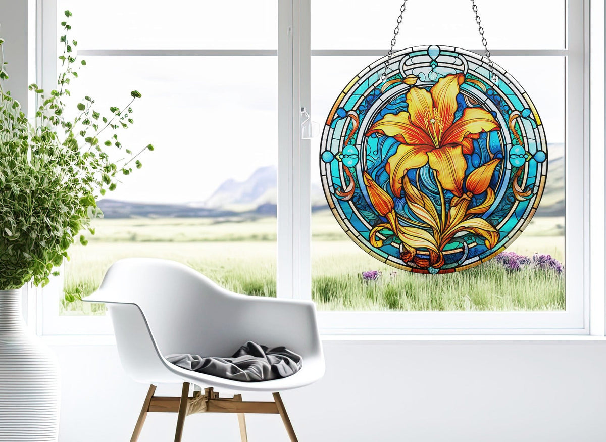 Orange Stained Flower Faux Stained Glass Suncatcher Window Hanging Home Decor Sun Catcher Gift Idea