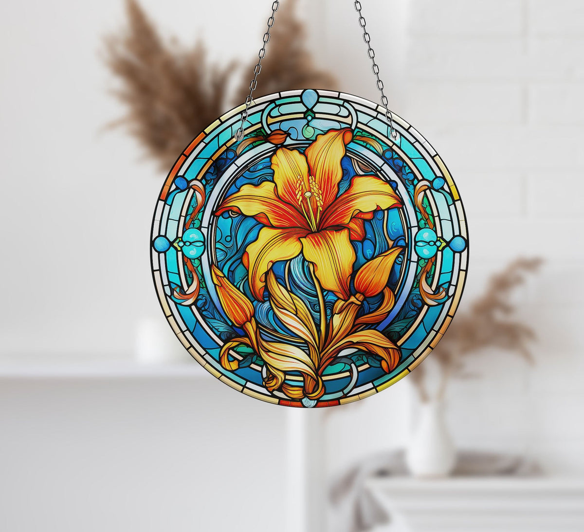 Orange Stained Flower Faux Stained Glass Suncatcher Window Hanging Home Decor Sun Catcher Gift Idea