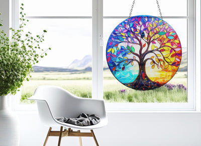 Purple & Red Life of tree Faux Stained Glass Suncatcher Window Hanging Home Decor Sun Catcher Gift Idea