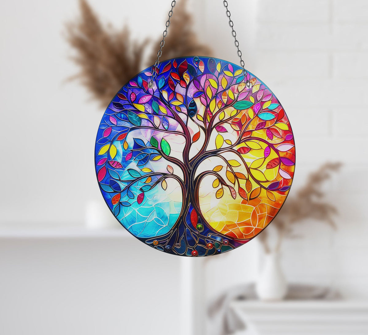 Purple & Red Life of tree Faux Stained Glass Suncatcher Window Hanging Home Decor Sun Catcher Gift Idea