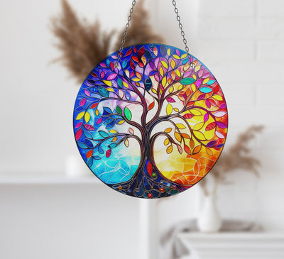 Purple & Red Life of tree Faux Stained Glass Suncatcher Window Hanging Home Decor Sun Catcher Gift Idea
