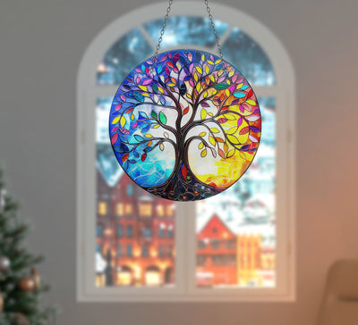Purple & Red Life of tree Faux Stained Glass Suncatcher Window Hanging Home Decor Sun Catcher Gift Idea