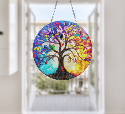 Purple & Red Life of tree Faux Stained Glass Suncatcher Window Hanging Home Decor Sun Catcher Gift Idea