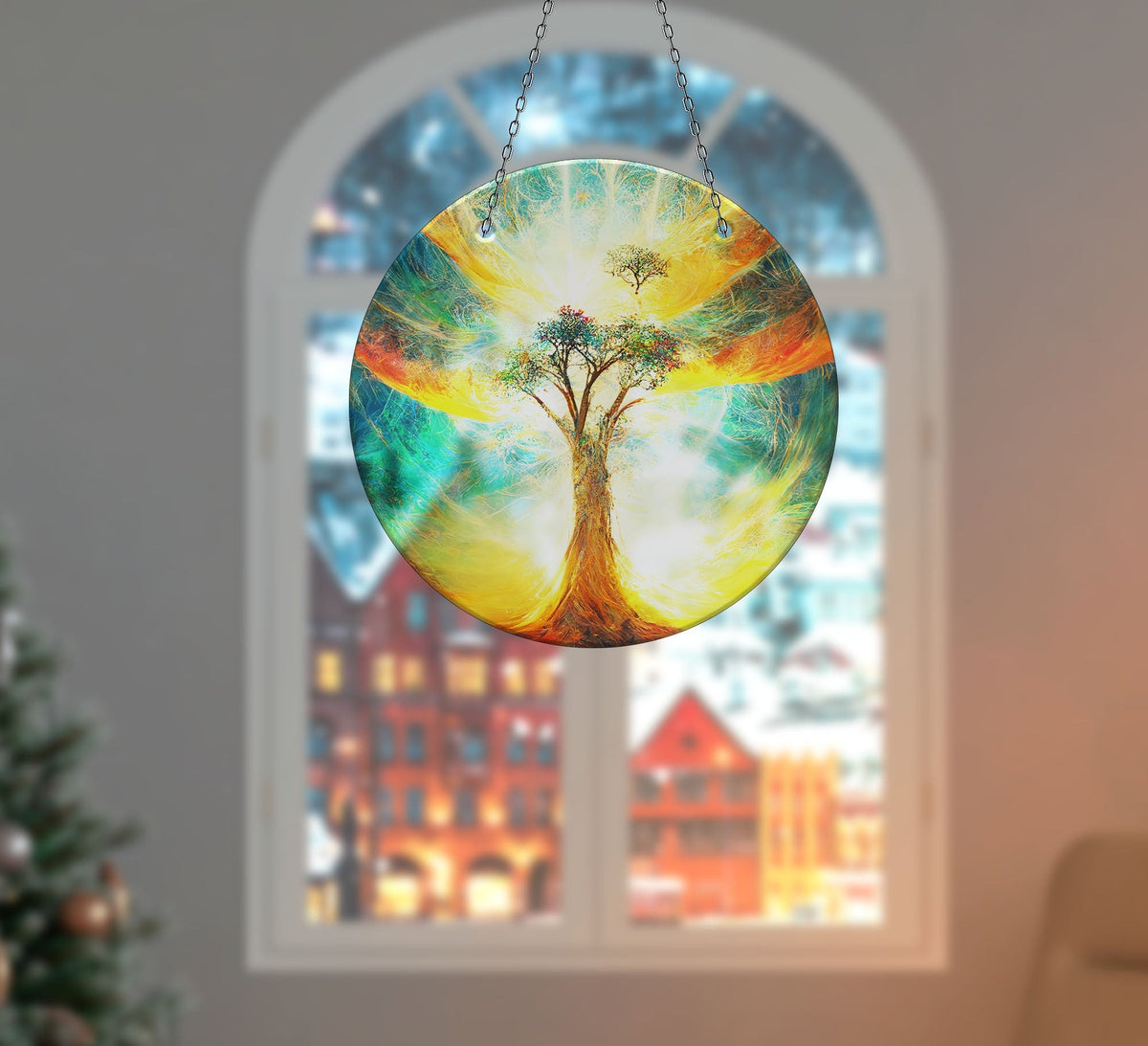 Yellow Life of tree Faux Stained Glass Suncatcher Window Hanging Home Decor Sun Catcher Gift Idea Decor