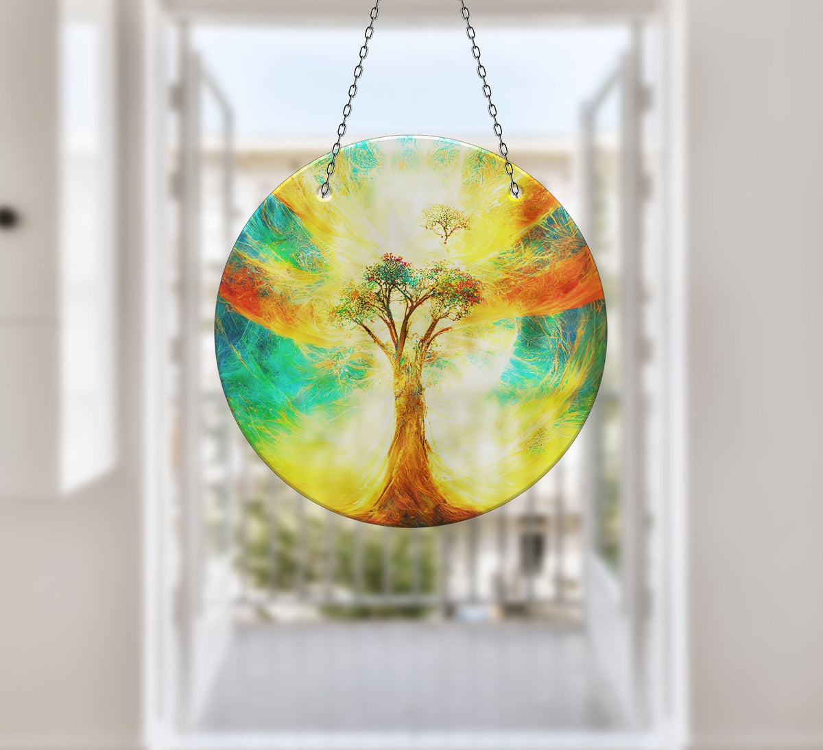 Yellow Life of tree Faux Stained Glass Suncatcher Window Hanging Home Decor Sun Catcher Gift Idea Decor