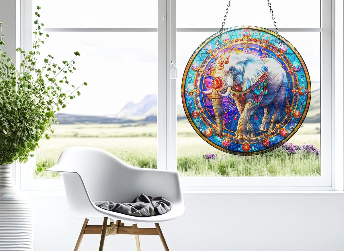 Indian Elephant Faux Stained Glass Suncatcher Window Hanging Home Decor Sun Catcher Gift Idea