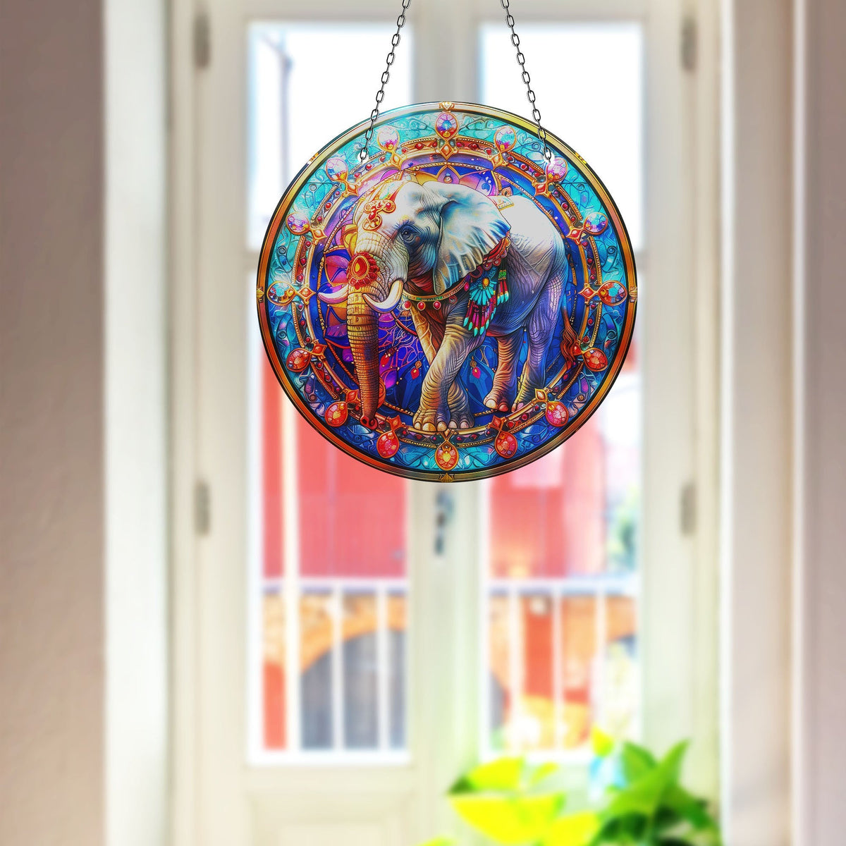 Indian Elephant Faux Stained Glass Suncatcher Window Hanging Home Decor Sun Catcher Gift Idea