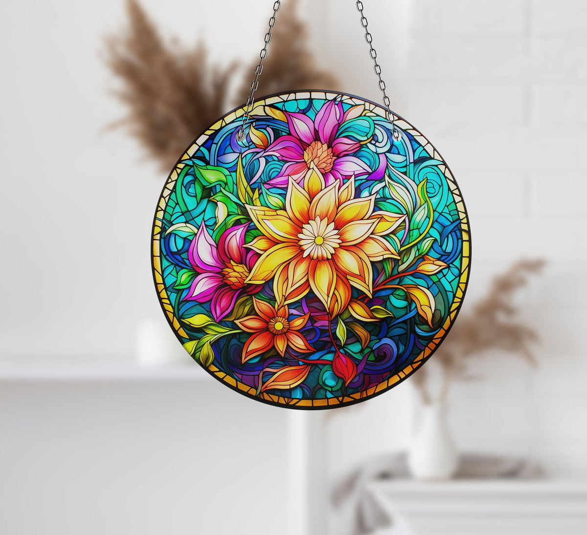 Yellow Flower Botanical Faux Stained Glass Suncatcher Window Hanging Home Decor Sun Catcher Gift Idea Decor
