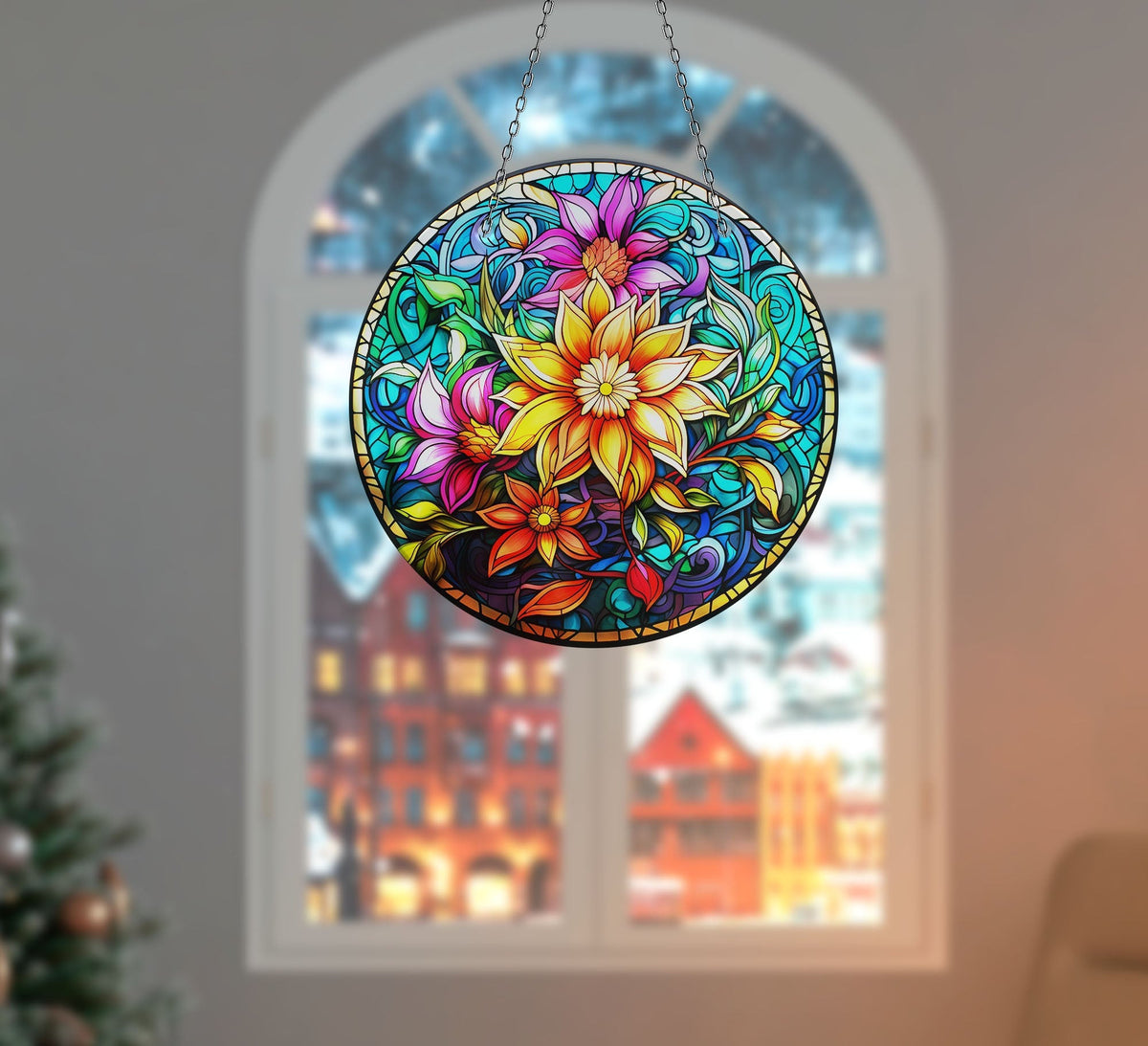 Yellow Flower Botanical Faux Stained Glass Suncatcher Window Hanging Home Decor Sun Catcher Gift Idea Decor