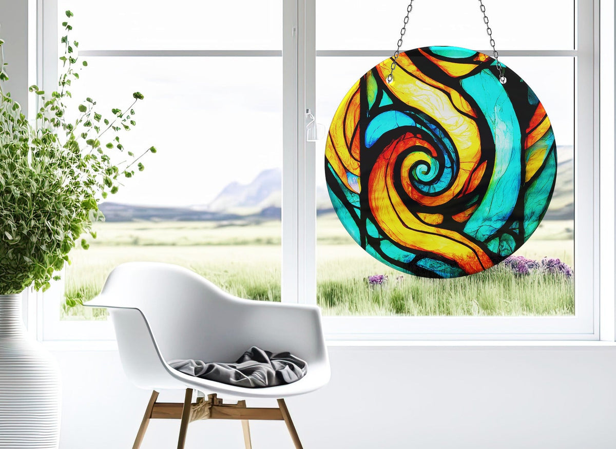 Orange & Blue Fractal Faux Stained Glass Suncatcher Window Hanging Home Decor Sun Catcher Gift Idea