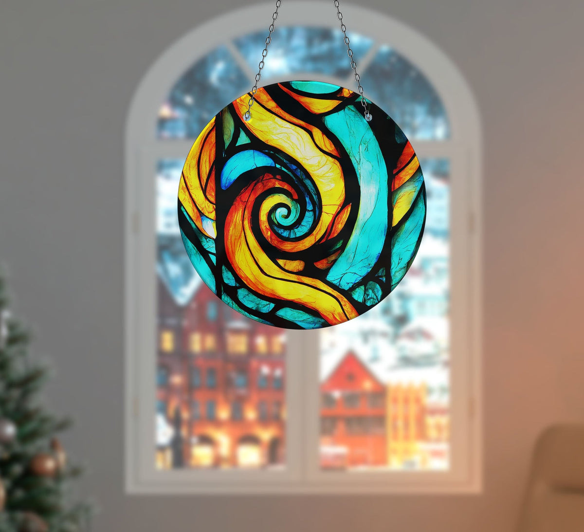 Orange & Blue Fractal Faux Stained Glass Suncatcher Window Hanging Home Decor Sun Catcher Gift Idea