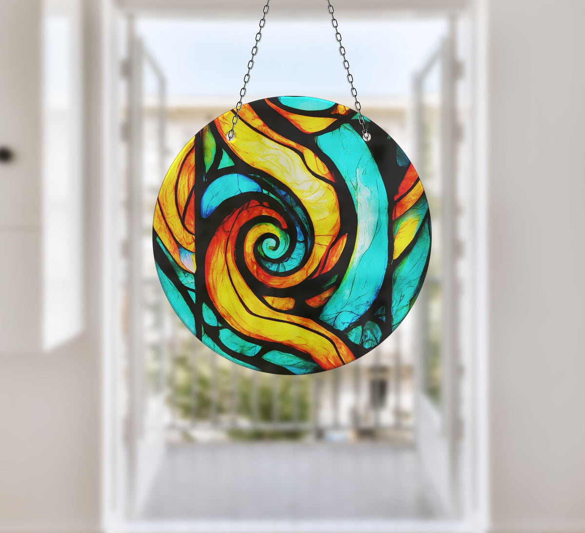 Orange & Blue Fractal Faux Stained Glass Suncatcher Window Hanging Home Decor Sun Catcher Gift Idea