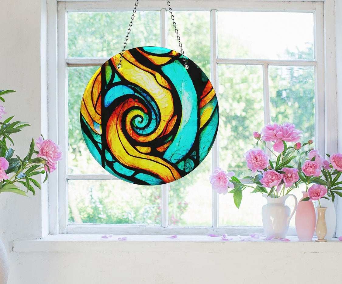 Orange & Blue Fractal Faux Stained Glass Suncatcher Window Hanging Home Decor Sun Catcher Gift Idea