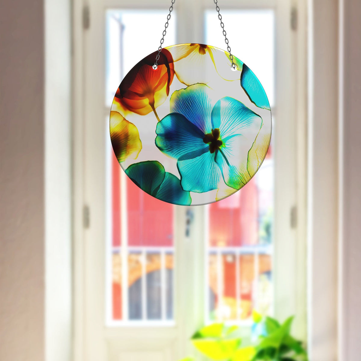 Blue & Orange Flower Faux Stained Glass Suncatcher Window Hanging Home Decor Sun Catcher Gift Idea Decor