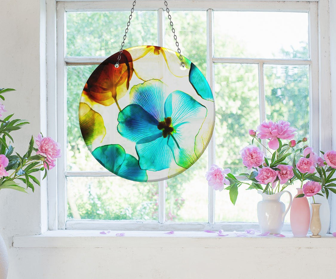 Blue & Orange Flower Faux Stained Glass Suncatcher Window Hanging Home Decor Sun Catcher Gift Idea Decor