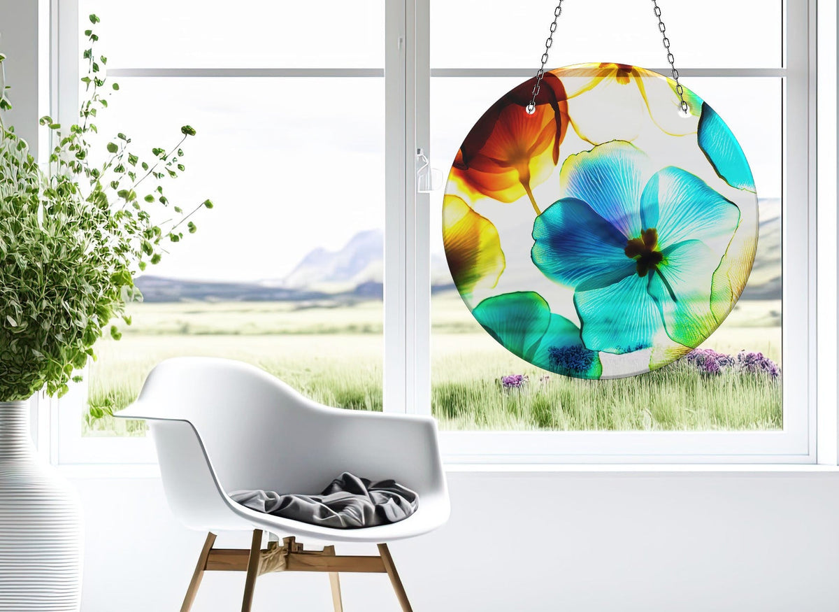 Blue & Orange Flower Faux Stained Glass Suncatcher Window Hanging Home Decor Sun Catcher Gift Idea Decor