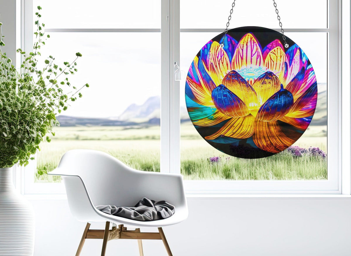 Orange Lotus Faux Stained Glass Suncatcher Window Hanging Home Decor Sun Catcher Gift Idea Decor