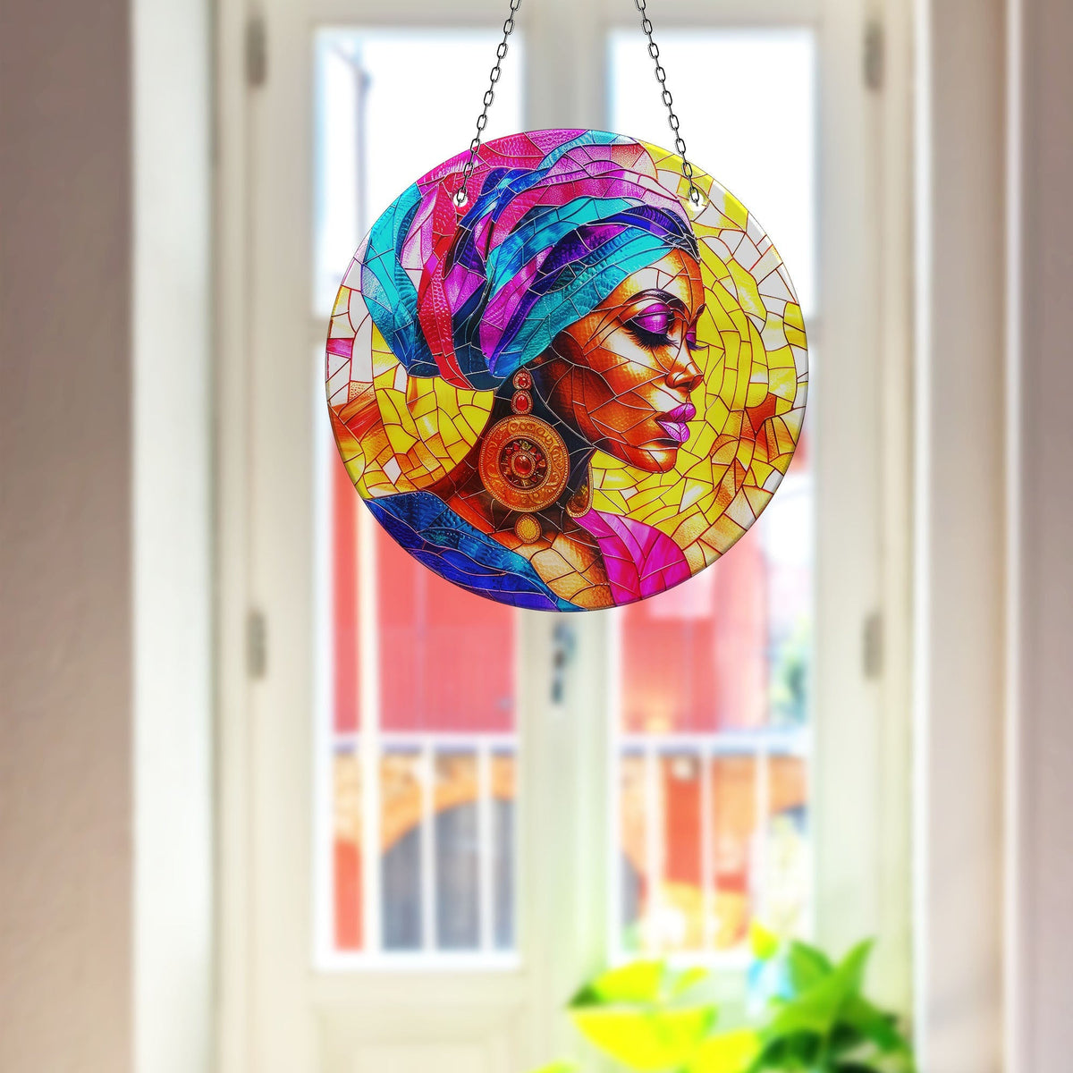 African Woman Portrait Faux Stained Glass Suncatcher Window Hanging Home Decor Sun Catcher Gift Idea Decor