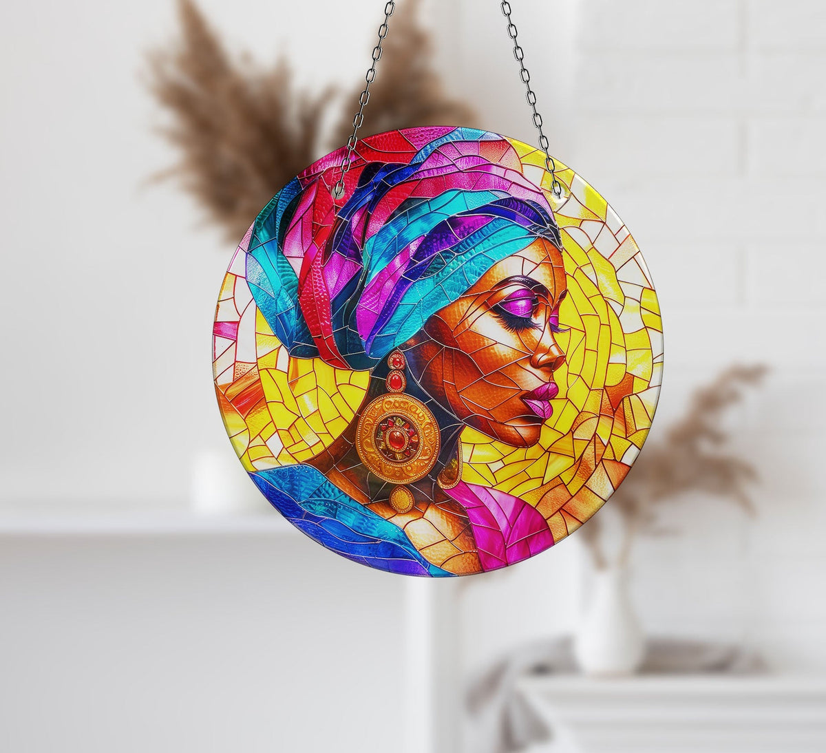African Woman Portrait Faux Stained Glass Suncatcher Window Hanging Home Decor Sun Catcher Gift Idea Decor