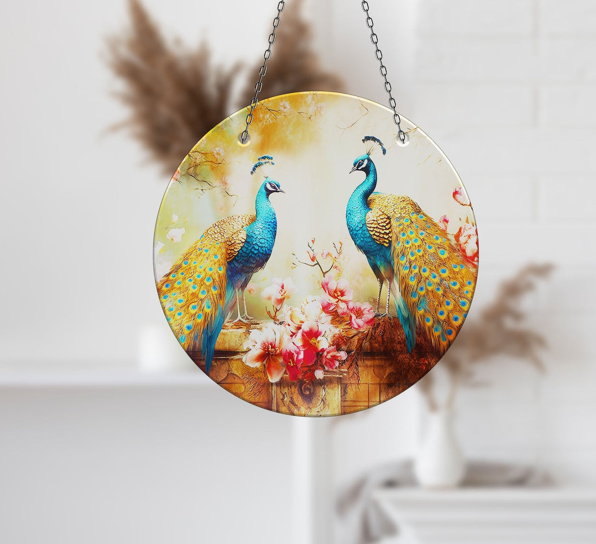 Blue Peacock Faux Stained Glass Suncatcher Window Hanging Home Decor Sun Catcher Gift Idea