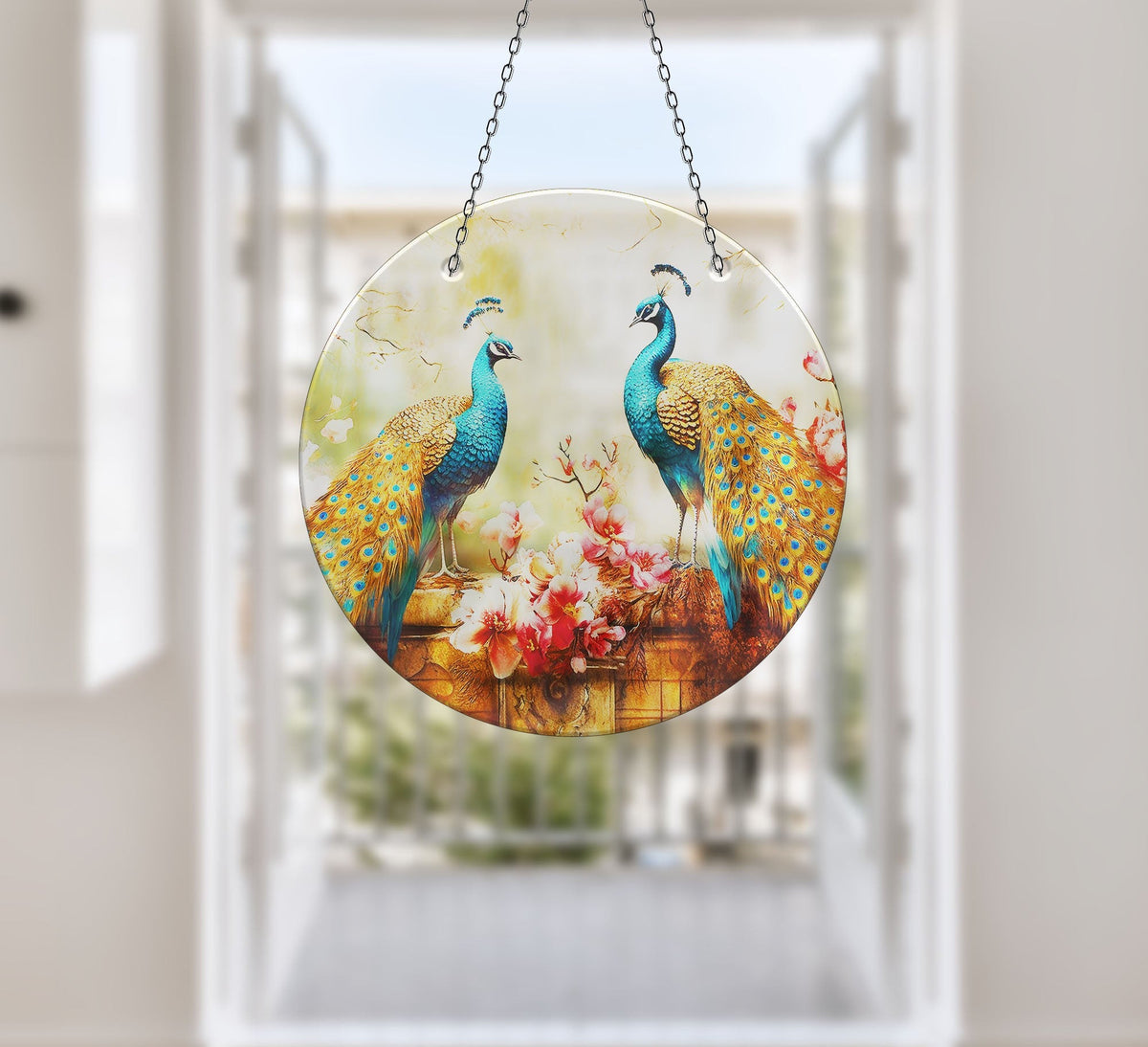 Blue Peacock Faux Stained Glass Suncatcher Window Hanging Home Decor Sun Catcher Gift Idea