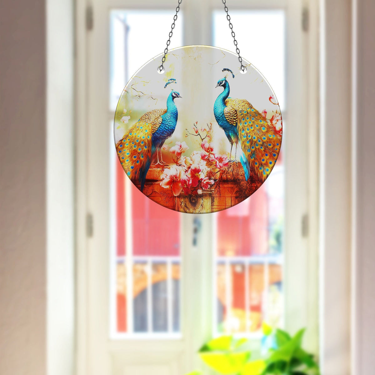 Blue Peacock Faux Stained Glass Suncatcher Window Hanging Home Decor Sun Catcher Gift Idea