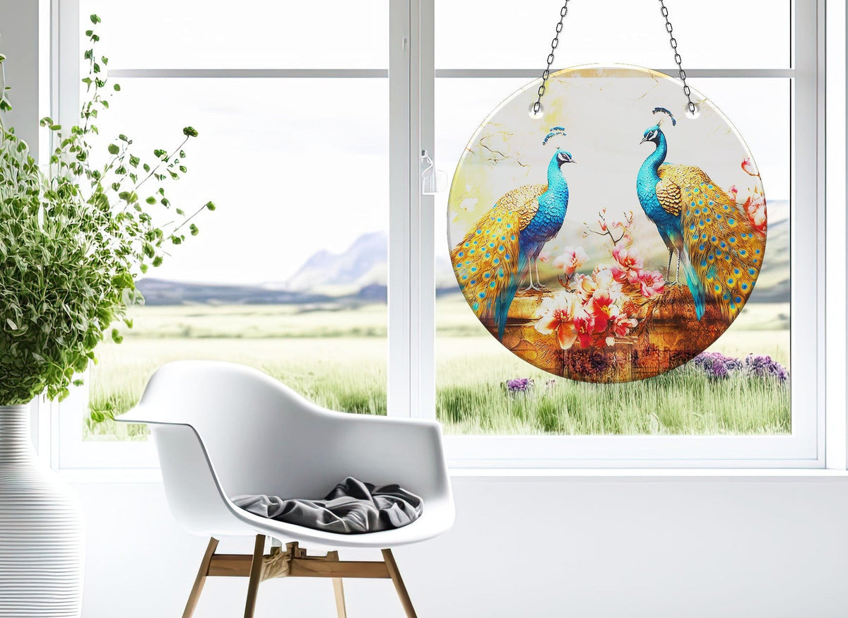 Blue Peacock Faux Stained Glass Suncatcher Window Hanging Home Decor Sun Catcher Gift Idea