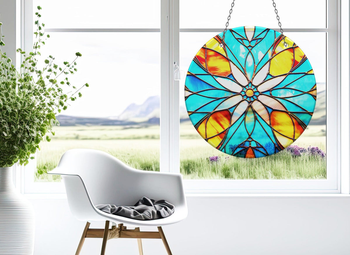 Turquoise Stained Faux Stained Glass Suncatcher Window Hanging Home Decor Sun Catcher Gift Idea