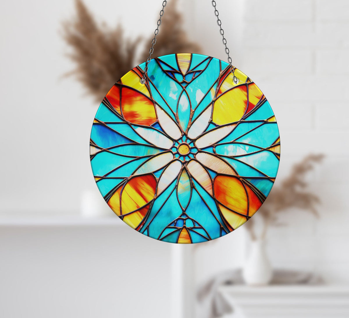 Turquoise Stained Faux Stained Glass Suncatcher Window Hanging Home Decor Sun Catcher Gift Idea