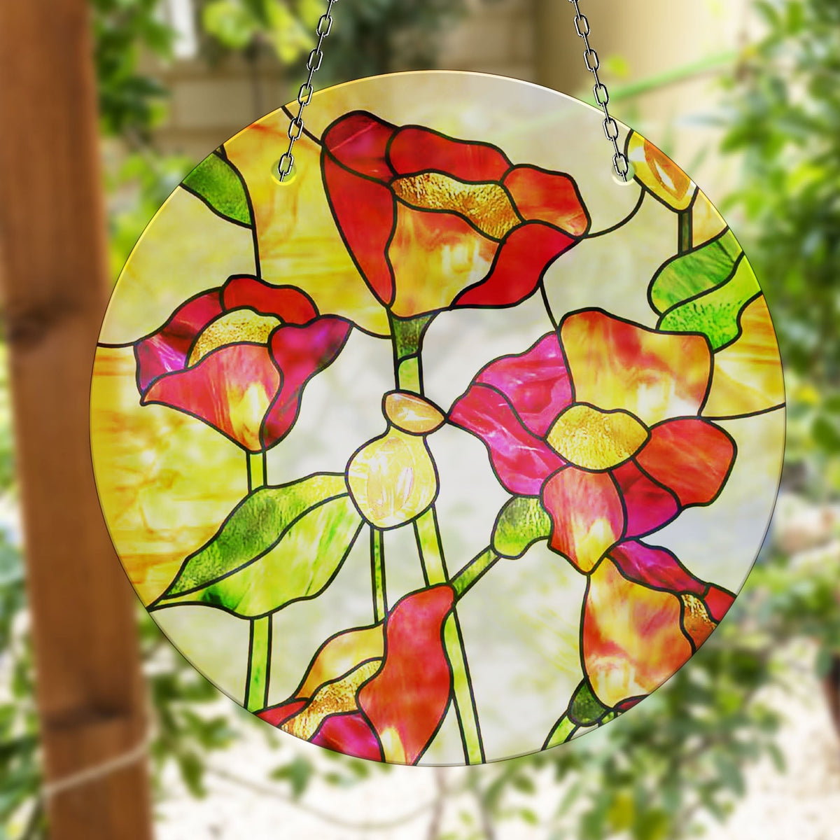 Red Floral Faux Stained Glass Suncatcher Window Hanging Home Decor Sun Catcher Gift Idea
