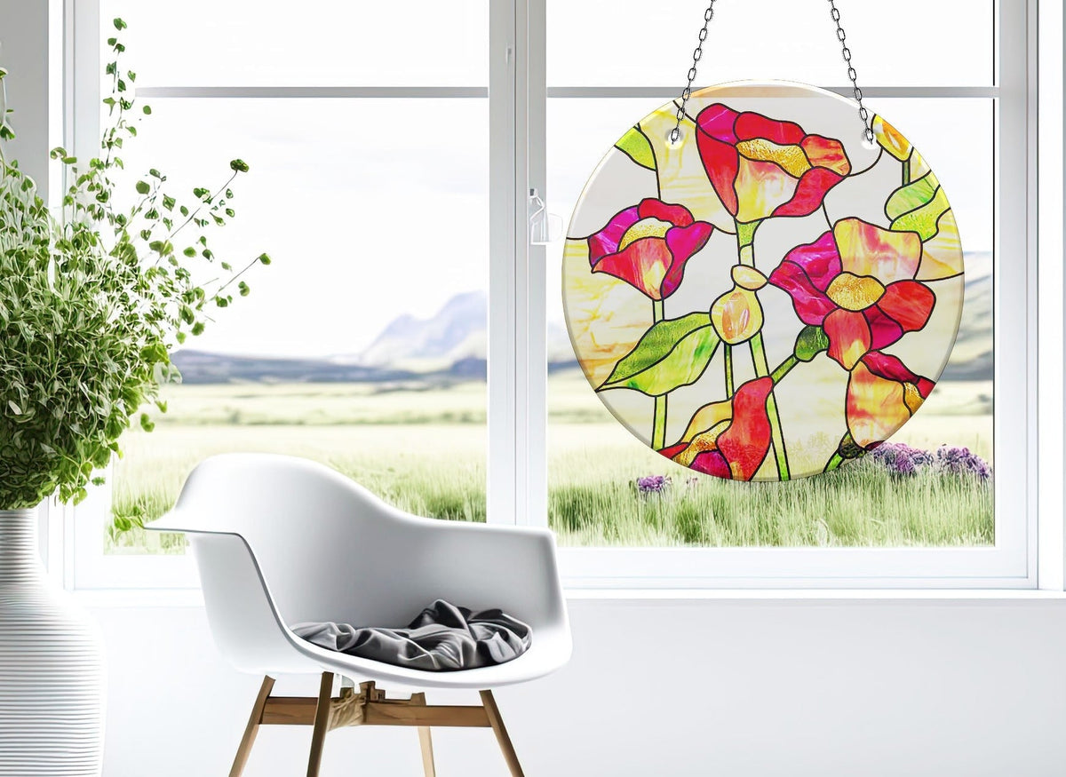 Red Floral Faux Stained Glass Suncatcher Window Hanging Home Decor Sun Catcher Gift Idea