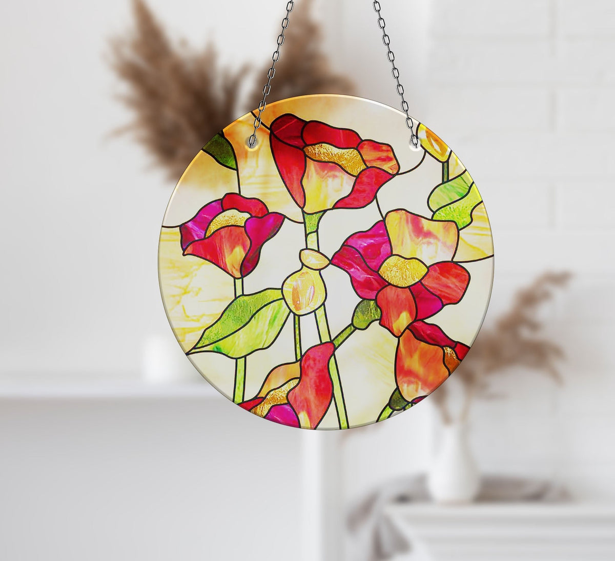 Red Floral Faux Stained Glass Suncatcher Window Hanging Home Decor Sun Catcher Gift Idea