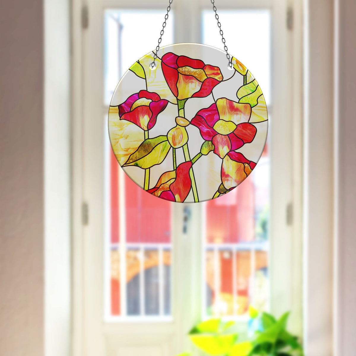 Red Floral Faux Stained Glass Suncatcher Window Hanging Home Decor Sun Catcher Gift Idea