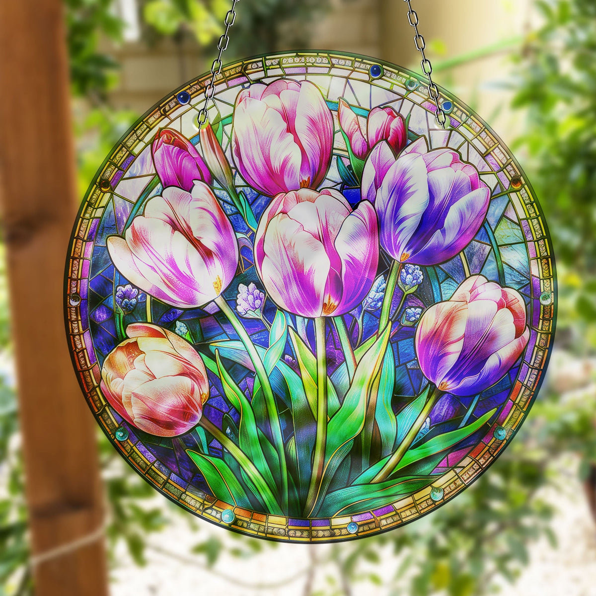 Purple Tulips Faux Stained Glass Suncatcher Window Hanging Home Decor Sun Catcher Gift Idea