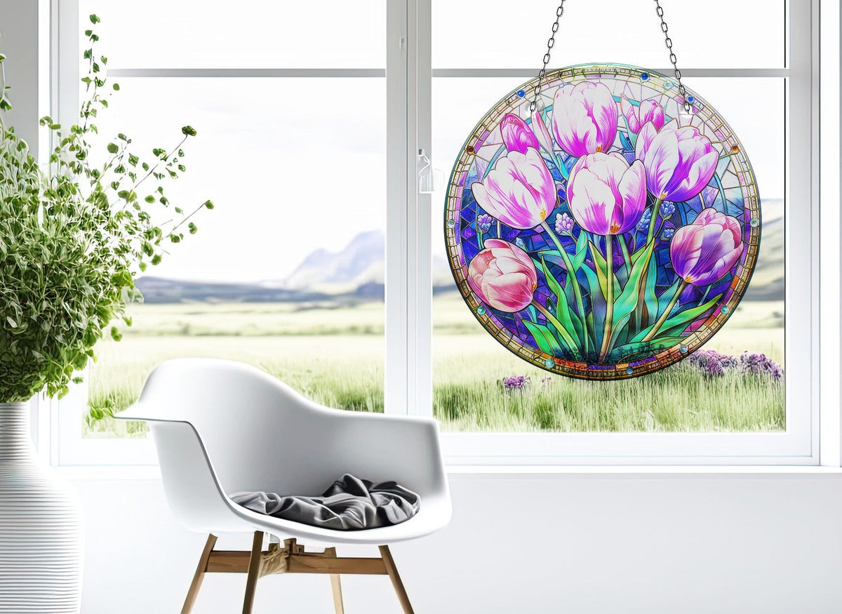 Purple Tulips Faux Stained Glass Suncatcher Window Hanging Home Decor Sun Catcher Gift Idea