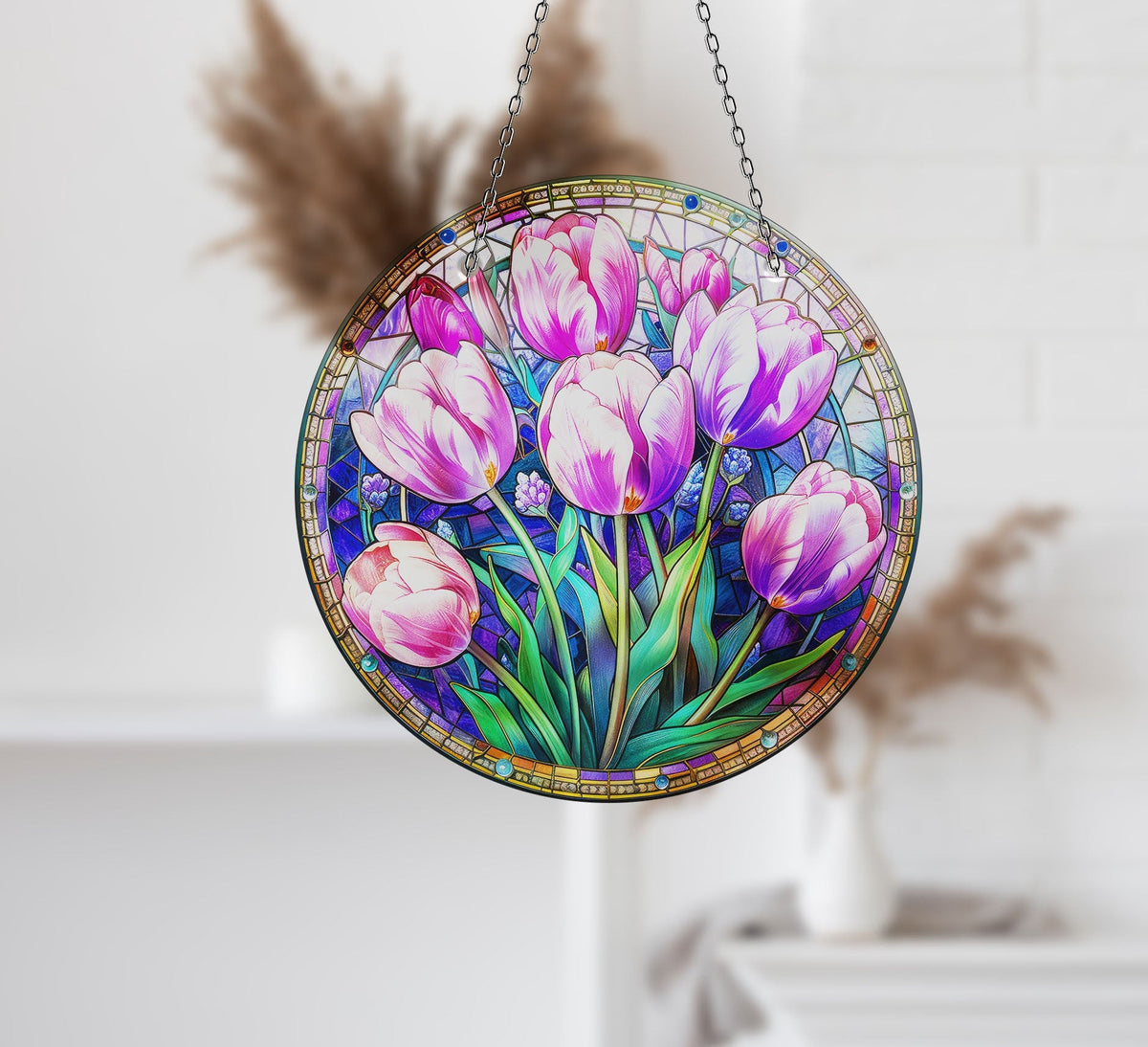 Purple Tulips Faux Stained Glass Suncatcher Window Hanging Home Decor Sun Catcher Gift Idea
