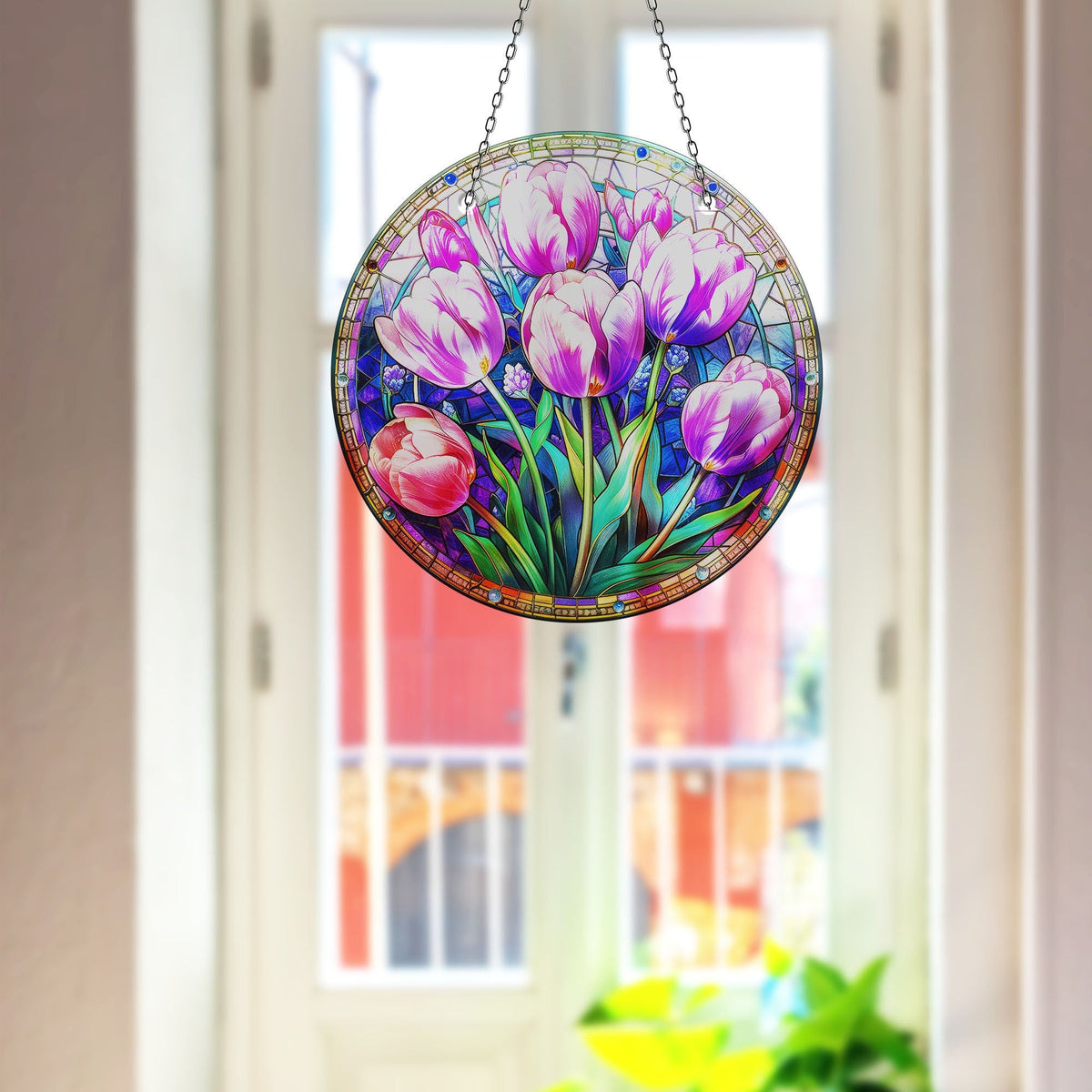 Purple Tulips Faux Stained Glass Suncatcher Window Hanging Home Decor Sun Catcher Gift Idea