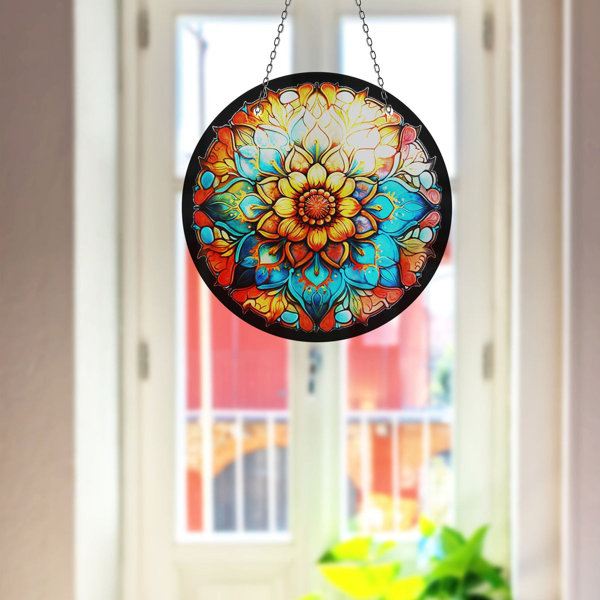 Orange Stained Flower Faux Stained Glass Suncatcher Window Hanging Home Decor Sun Catcher Gift Idea