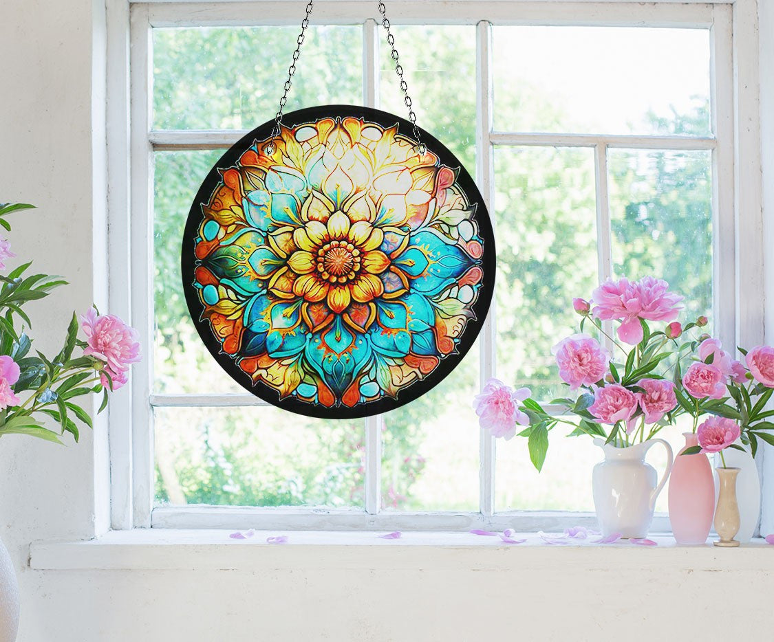 Orange Stained Flower Faux Stained Glass Suncatcher Window Hanging Home Decor Sun Catcher Gift Idea