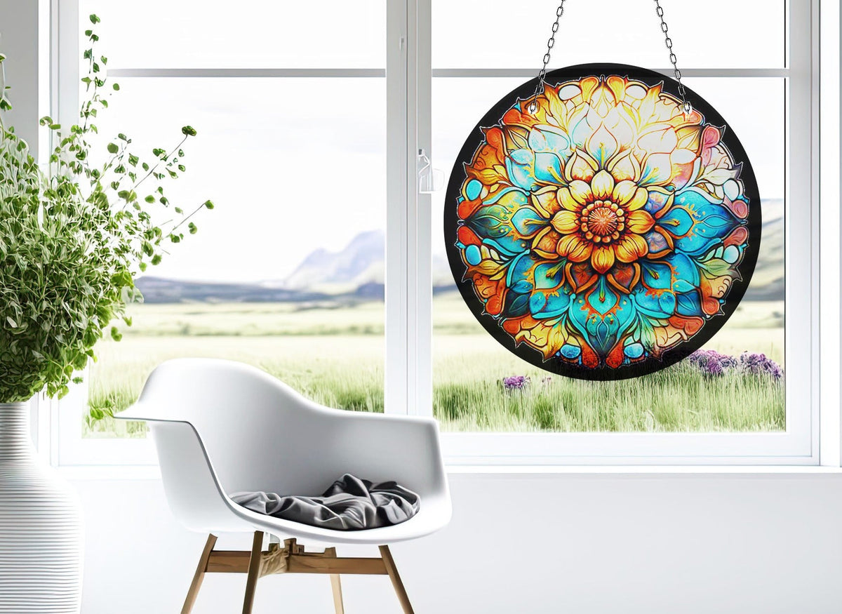 Orange Stained Flower Faux Stained Glass Suncatcher Window Hanging Home Decor Sun Catcher Gift Idea
