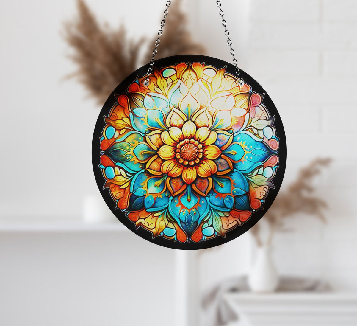 Orange Stained Flower Faux Stained Glass Suncatcher Window Hanging Home Decor Sun Catcher Gift Idea