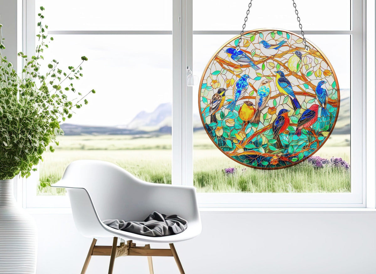 Stained Blue Birds Faux Stained Glass Suncatcher Window Hanging Home Decor Sun Catcher Gift Idea