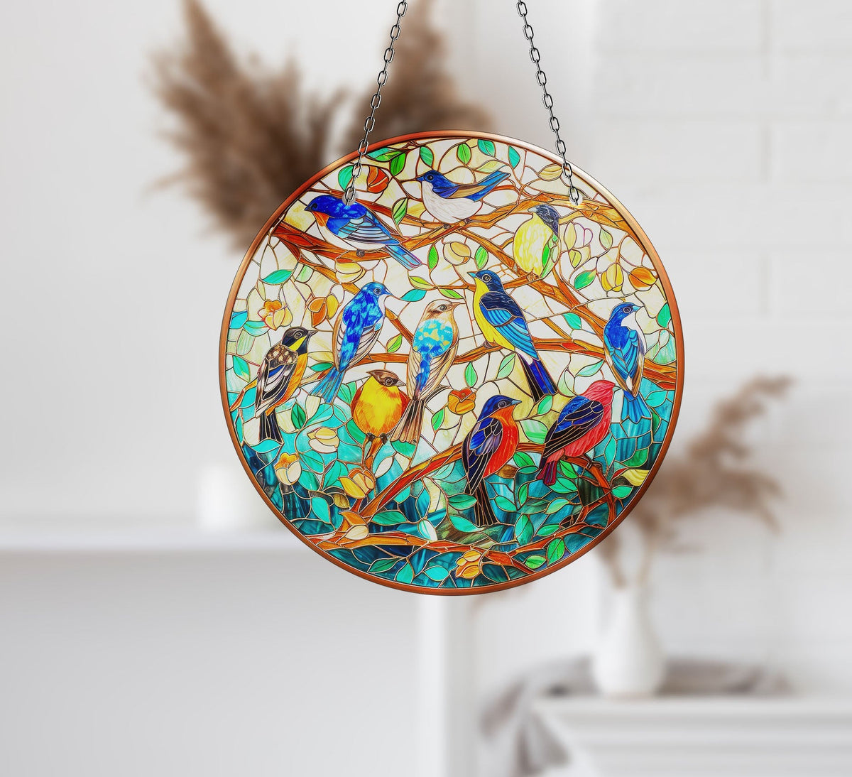 Stained Blue Birds Faux Stained Glass Suncatcher Window Hanging Home Decor Sun Catcher Gift Idea