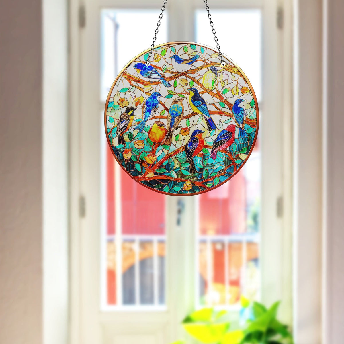 Stained Blue Birds Faux Stained Glass Suncatcher Window Hanging Home Decor Sun Catcher Gift Idea