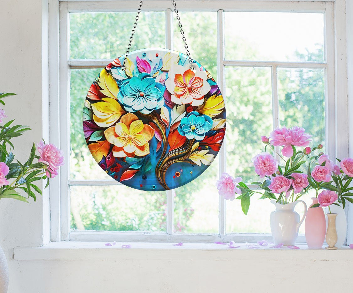 Vivid Botanical Faux Stained Glass Suncatcher Window Hanging Home Decor Sun Catcher Gift Idea