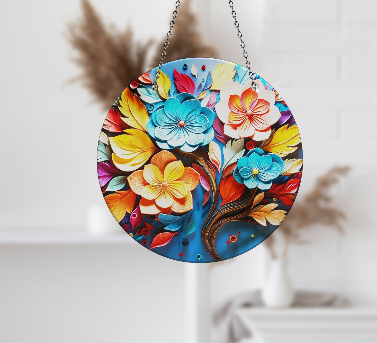 Vivid Botanical Faux Stained Glass Suncatcher Window Hanging Home Decor Sun Catcher Gift Idea